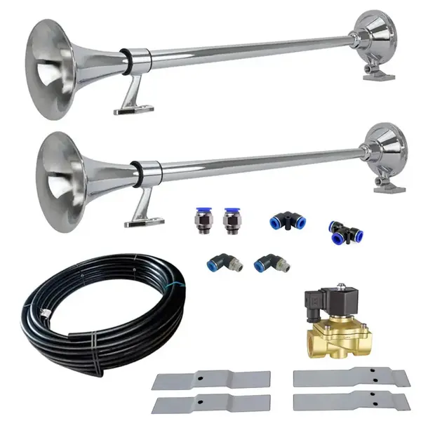 Kit 2 Buzinas Marítima 74 CM para Caminhão 24V + Válvula solenoide de 1/2 C/ Suporte Sem Furar Teto