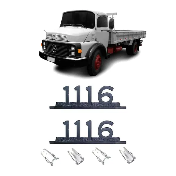 Par Emblema Caminhão MB 1116 Ferro Zamak Preto C/presilhas