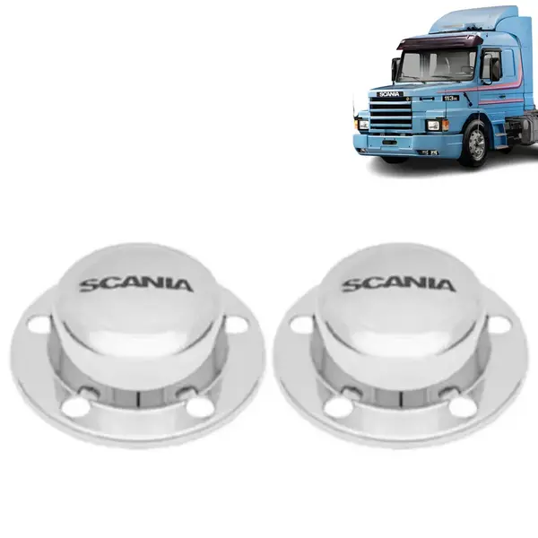 Par Sobre Tampa Cubo Cromada Dianteira Escrita Decorada para Caminhão Scania 112 / 113 / 142 / 143 / P93
